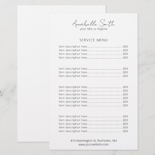 Einfache Minimalistische, moderne Preisliste (Vorne/Hinten)