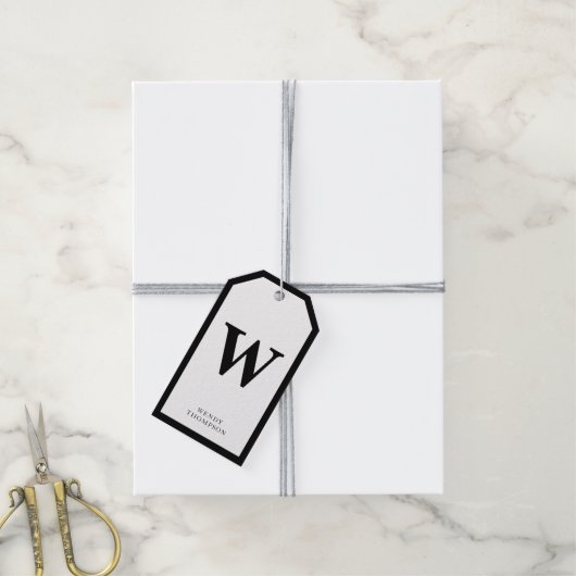 Einfache Minimalistische Monogramm Schwarz/Weiß Geschenkanhänger (Mit Garn)