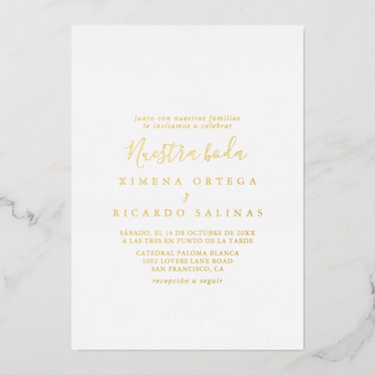 Einfache Minimalistische Nuestra Boda Wedding Folieneinladung (Vorderseite)