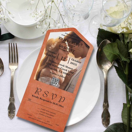 Einfache Minimalistische Orange Black Foto QR Code All In One Einladung