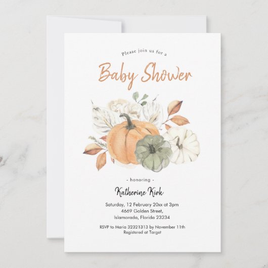 Einfache Minimalistische Pumpkin Floral Baby Dusch Einladung (Vorderseite)