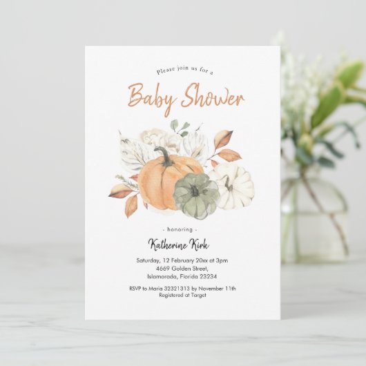 Einfache Minimalistische Pumpkin Floral Baby Dusch Einladung (Stehend Vorderseite)