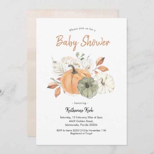 Einfache Minimalistische Pumpkin Floral Baby Dusch Einladung (Vorne/Hinten)