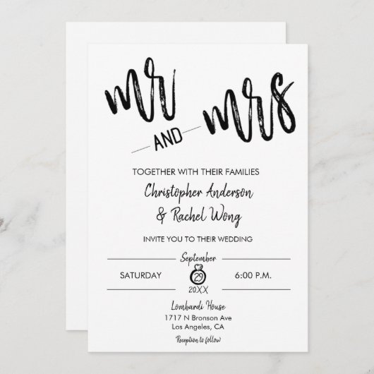 Einfache Minimalistische Schrift Mr. und Mrs. Wedd Einladung (Vorne/Hinten)