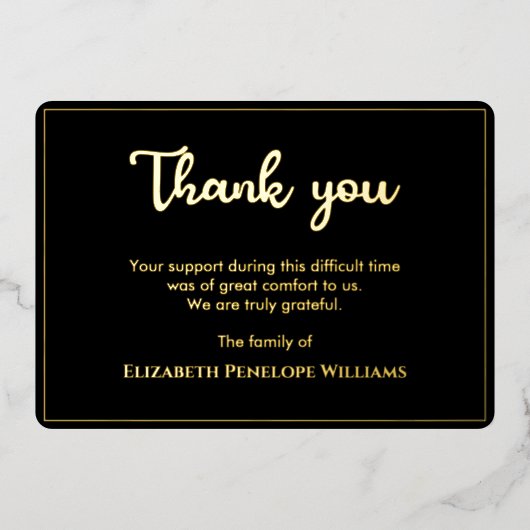 Einfache Minimalistische Schwarz-Gold-Gedenkfeier Folieneinladung (Vorderseite)