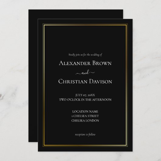 Einfache Minimalistische Schwarz-Hintergrund-Hochz Einladung (Vorne/Hinten)