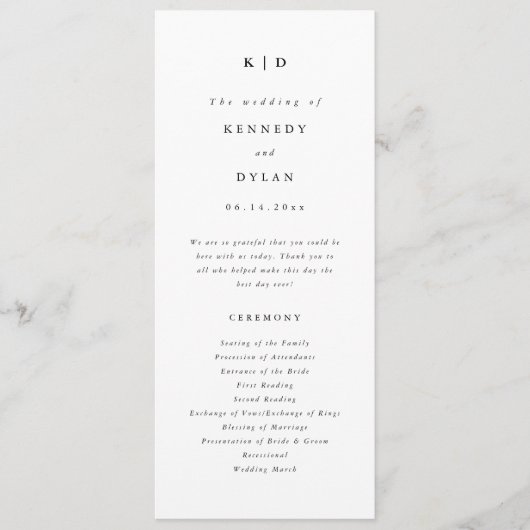 Einfache Minimalistische Schwarz-Weiß-Hochzeit Programm (Vorderseite)