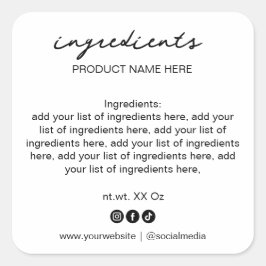 Einfache Minimalistische Schwarz-Weiß-Inhaltsstoff Quadratischer Aufkleber