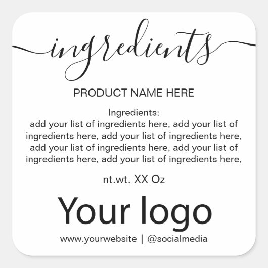 Einfache Minimalistische Schwarz-Weiß-Inhaltsstoff Quadratischer Aufkleber (Vorderseite)