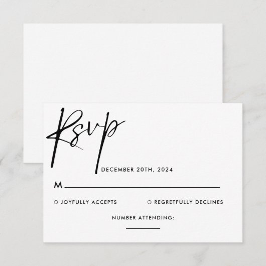 Einfache Minimalistische Schwarz-Weiß-Script-Hochz RSVP Karte (Vorne/Hinten)