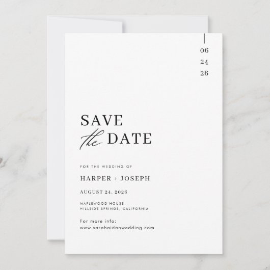 Einfache Minimalistische Schwarz-Weiß-Script-Hochz Save The Date (Vorderseite)