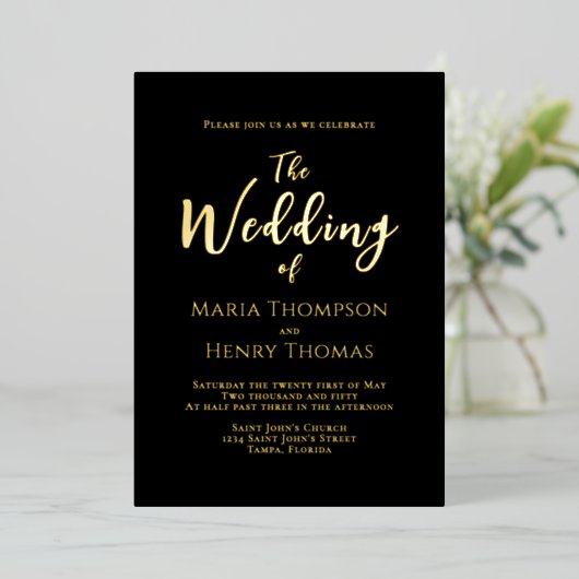 Einfache Minimalistische schwarze Skriptkalligrafi Folieneinladung (Stehend vorne)