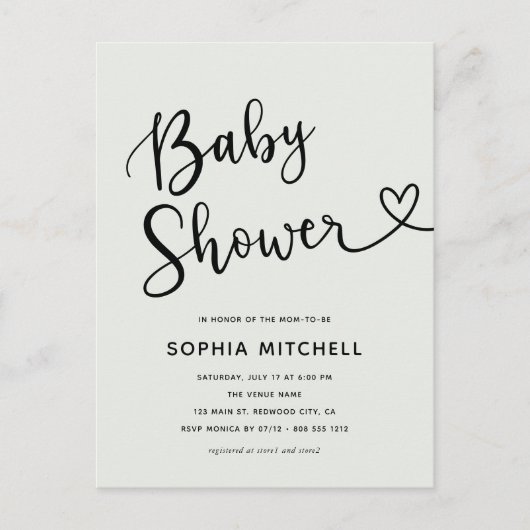 Einfache Minimalistische Script Heart Baby Dusche Postkarte (Vorderseite)