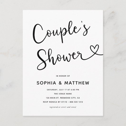 Einfache Minimalistische Script-Herz-Paare-Dusche Postkarte (Vorderseite)