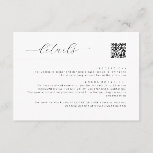 Einfache Minimalistische Script QR Code Hochzeitde Begleitkarte (Vorderseite)