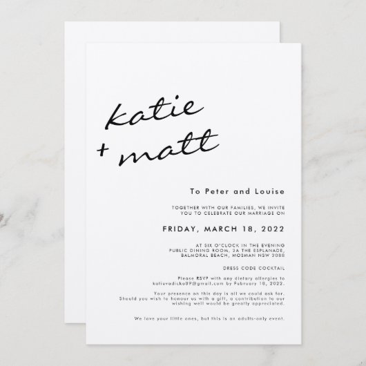 Einfache Minimalistische Script-Schwarz-Weiß-Hochz Einladung (Vorne/Hinten)