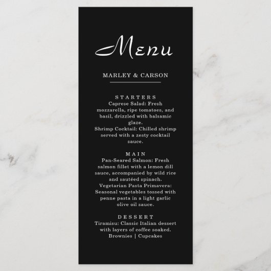 Einfache Minimalistische Script-Sleek Black Weddin Menükarte (Vorderseite)