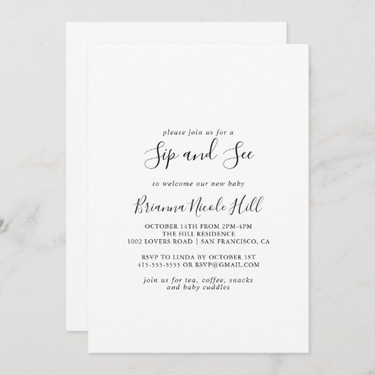 Einfache Minimalistische Sip and See Einladung (Vorne/Hinten)