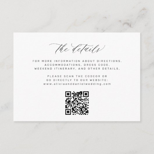 Einfache minimalistische Skript QR Code Hochzeit D Begleitkarte (Vorderseite)