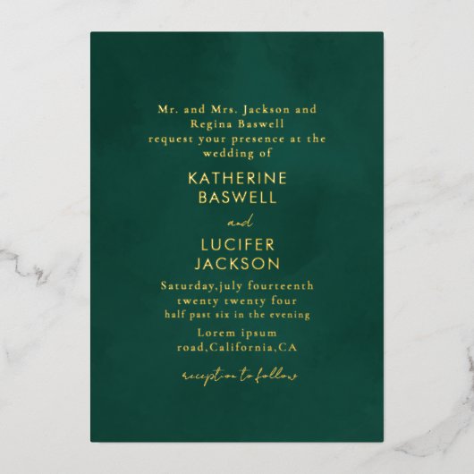 Einfache minimalistische Smaragdgrüne Hochzeit Gol Folieneinladung (Vorderseite)