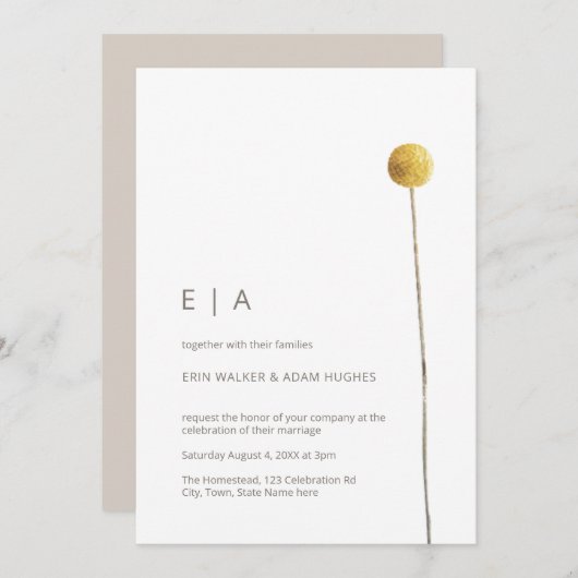 Einfache Minimalistische Wasserfarbe Blumengelb Einladung (Vorne/Hinten)