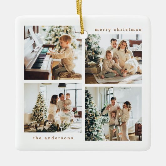 Einfache Minimalistische Weihnachts-Vier-Foto-Typo Keramikornament (Vorderseite)