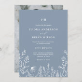 Einfache Minimalistische Wildblume Dusty Blue Wedd Einladung (Vorne/Hinten)