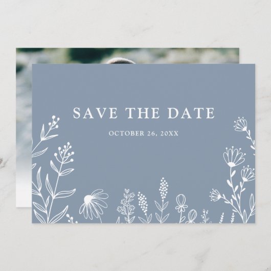 Einfache Minimalistische Wildblume Dusty Blue Wedd Save The Date (Vorne/Hinten)