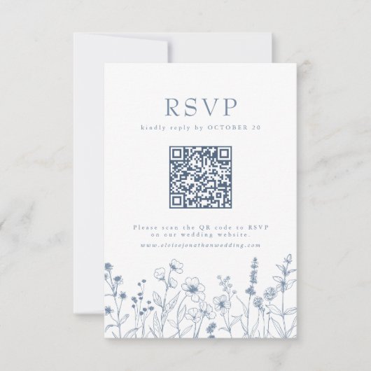 Einfache Minimalistische Wildblume QR-Code RSVP Karte (Vorderseite)