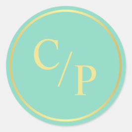 Einfache Minze und Gold mit Monogramm Runder Aufkleber