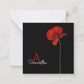 Einfache Mit Monogramm Rote Mohnblume auf Schwarz  Mitteilungskarte (Rückseite)