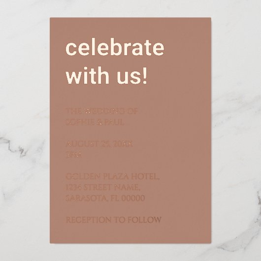 Einfache Mocha Wedding Rose Gold Foil Einladung (Vorderseite)