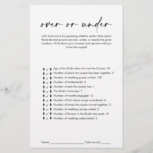 Einfache Modern Over oder Under Brautparty Game (Vorderseite)