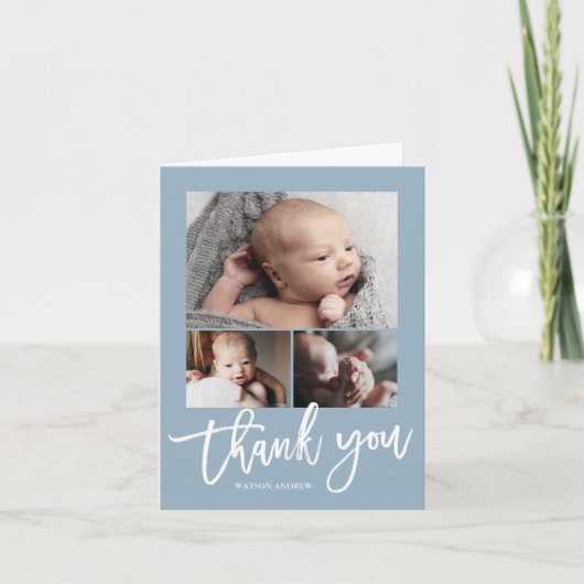Einfache moderne 3 Foto Collage Baby Foto Dankeskarte (Vorderseite)