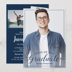 Einfache moderne 3 Foto Navy Blue Script Abschluss Einladung