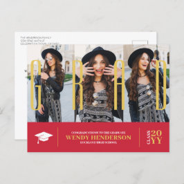 Einfache Moderne 3 Foto Roter Abschluss Ankündigun Postkarte