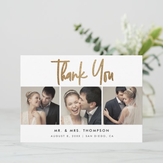 Einfache, moderne 3 Hochzeiten Fotos Dankeskarte (Stehend Vorderseite)