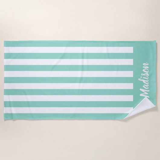 Einfache moderne Aqua Stripes Monogramm Strandtuch (Vorderseite)