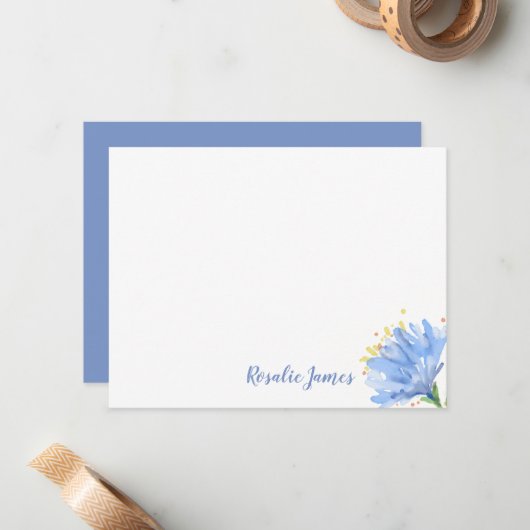 Einfache moderne Aquarellfarben Blaue Blume Person Mitteilungskarte (Vorderseite/Rückseite Beispiel)