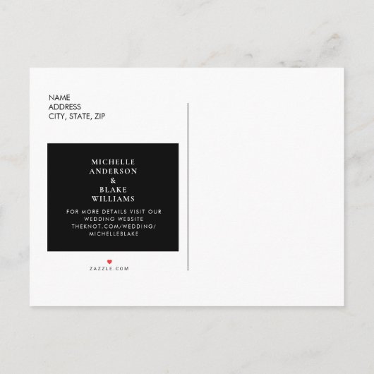 Einfache moderne B/W-Monogramm-Hochzeit retten das Ankündigungspostkarte (Rückseite)