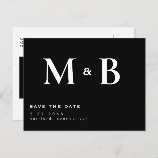 Einfache moderne B/W-Monogramm Save the Date Postkarte (Vorne/Hinten)