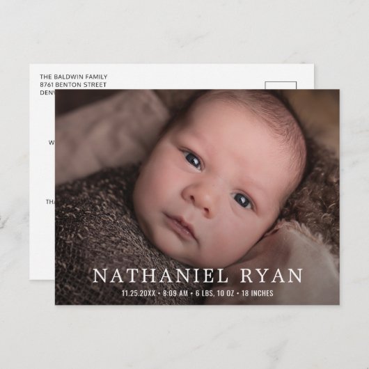 Einfache moderne Baby Boy Foto Birth Ankündigungspostkarte (Vorne/Hinten)