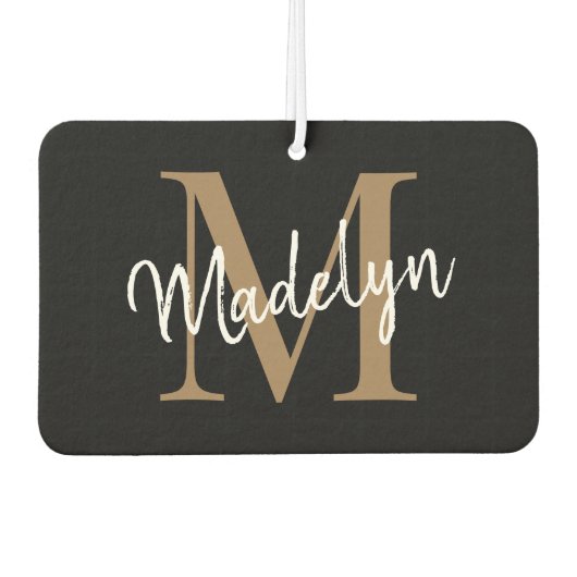 Einfache moderne Black Gold Monogram Chic Script N Autolufterfrischer (Vorderseite)