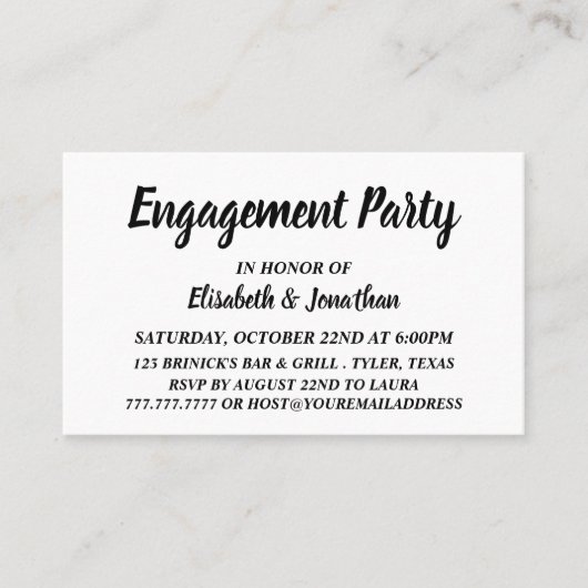 Einfache/moderne Black/White-Engagement-Party-Tick Visitenkarte (Vorderseite)