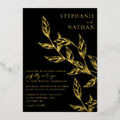 Einfache moderne Blätter Black Wedding Gold Folieneinladung (Vorderseite)
