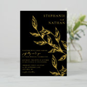 Einfache moderne Blätter Black Wedding Gold Folieneinladung (Stehend vorne)