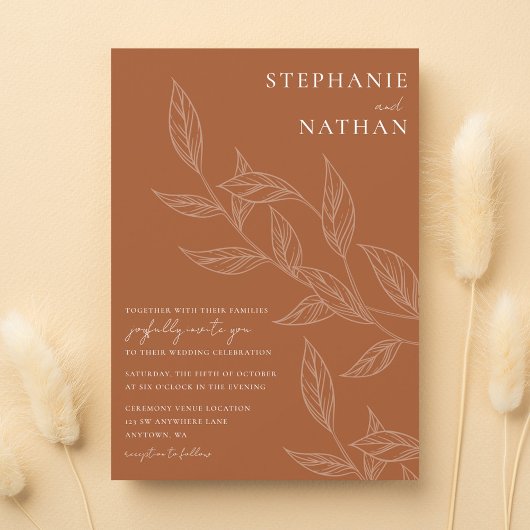 Einfache moderne Blätter Burnt Orange Wedding Einladung