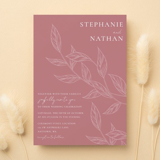 Einfache moderne Blätter Dusty Rose Wedding Einladung
