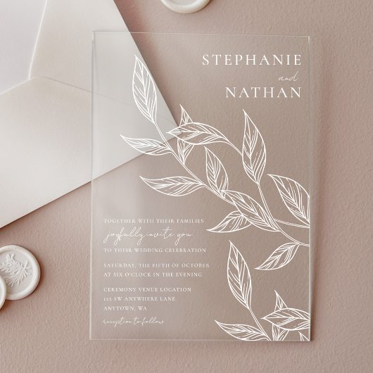 Einfache moderne Blätter Hochzeit Acryleinladungen