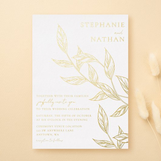 Einfache moderne Blätter White Wedding Gold Folieneinladung